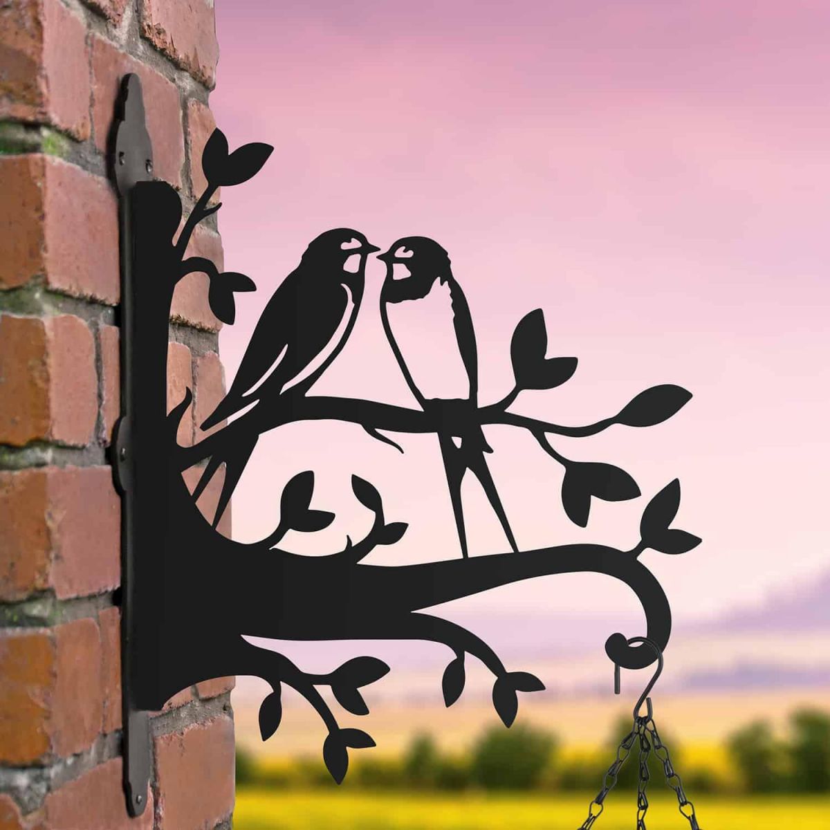 Steel Pair of Swallows on Branches Hanging Basket Bracket in Situ