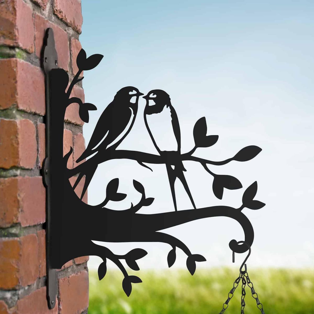 Steel Hanging Basket Bracket with Pair of Swallows on Branches Motif