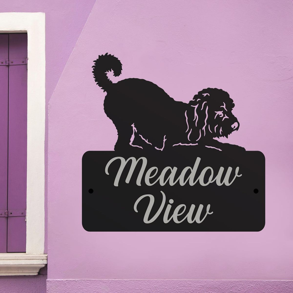 Steel House Name Sign with Playful Cockapoo Dog Motif