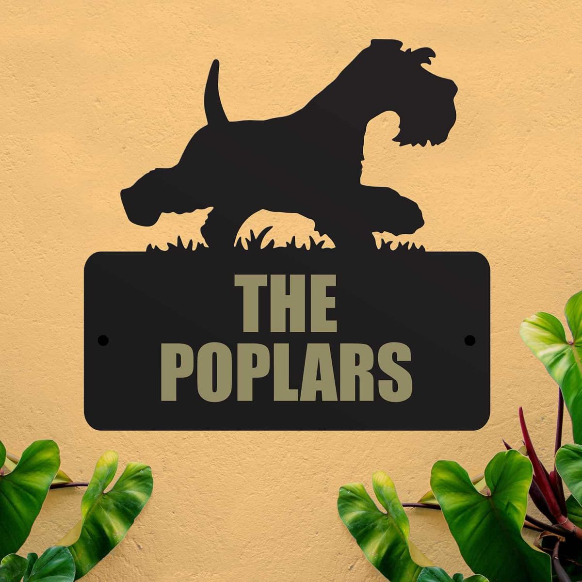  Steel House Name Sign with Running Miniature Schnauzer Design