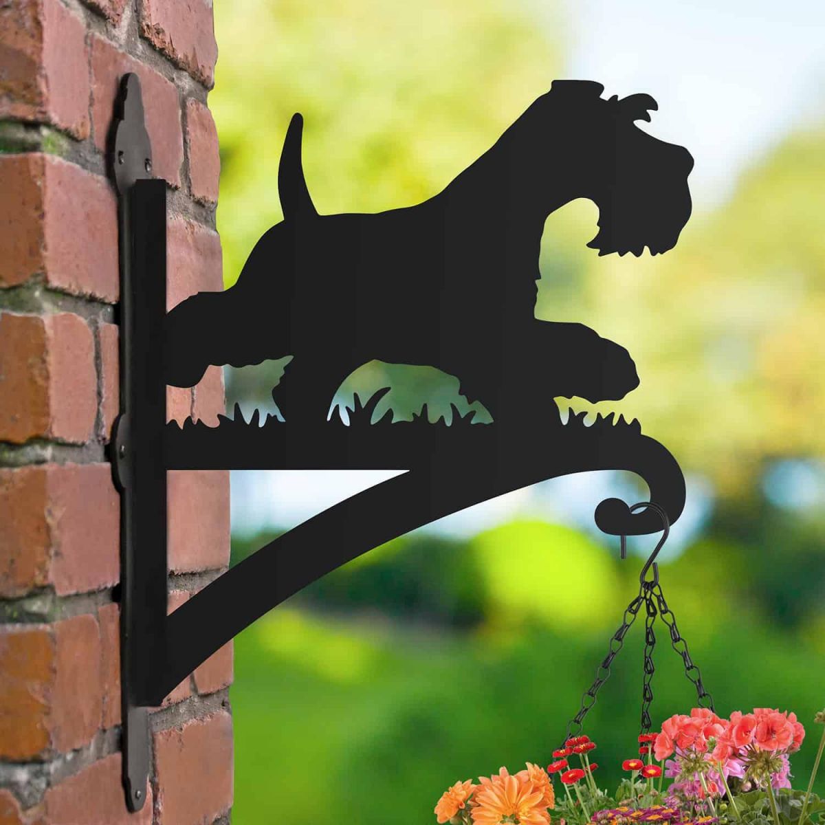 Steel Hanging Basket Bracket with Running Miniature Schnauzer Topper