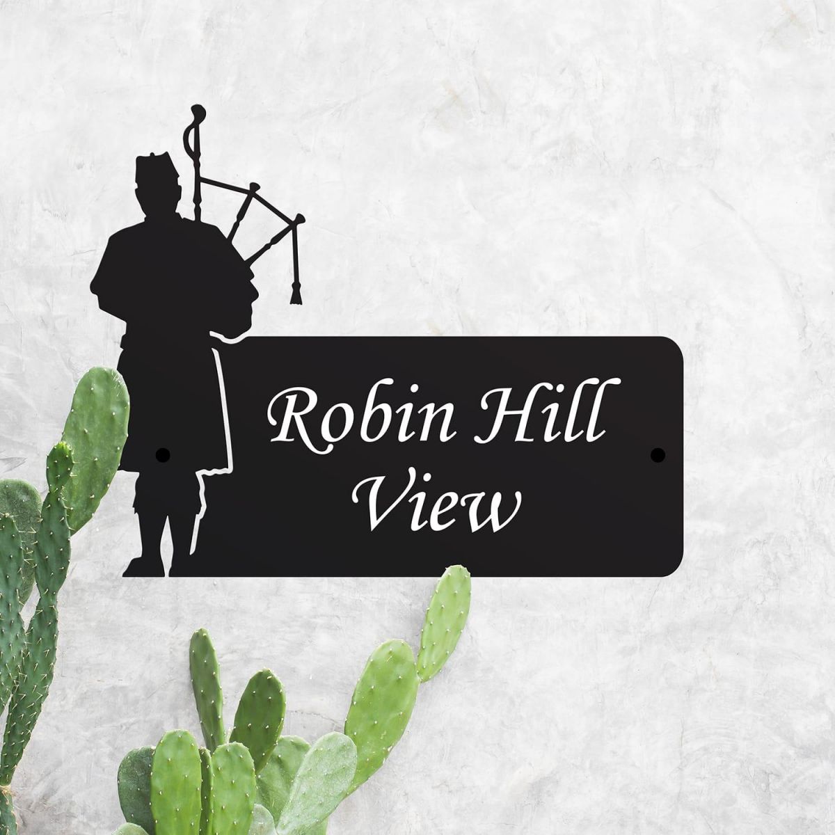 Steel House Name Sign with Scottish Bagpipe Player Motif Steel House Name Sign with Scottish Bagpipe Player Motif