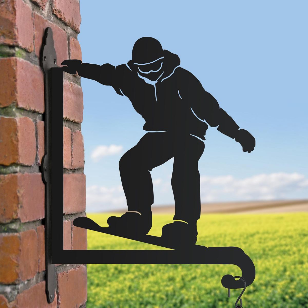 Steel Snowboarder Hanging Basket Bracket in Situ Steel Snowboarder Hanging Basket Bracket in Situ