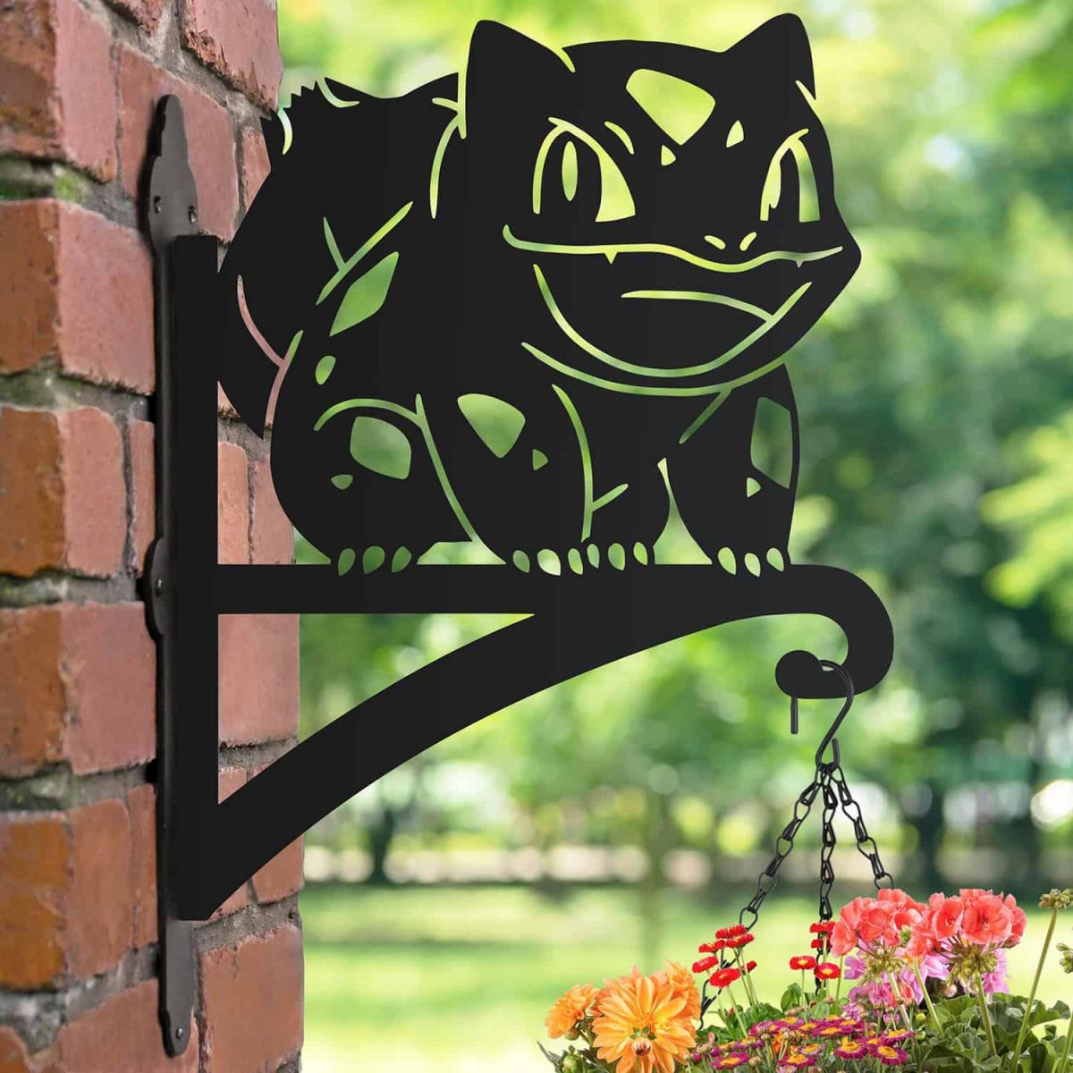 Steel Hanging Basket Bracket with Unevolved Cartoon Amphibian Topper Steel Hanging Basket Bracket with Unevolved Cartoon Amphibian Topper