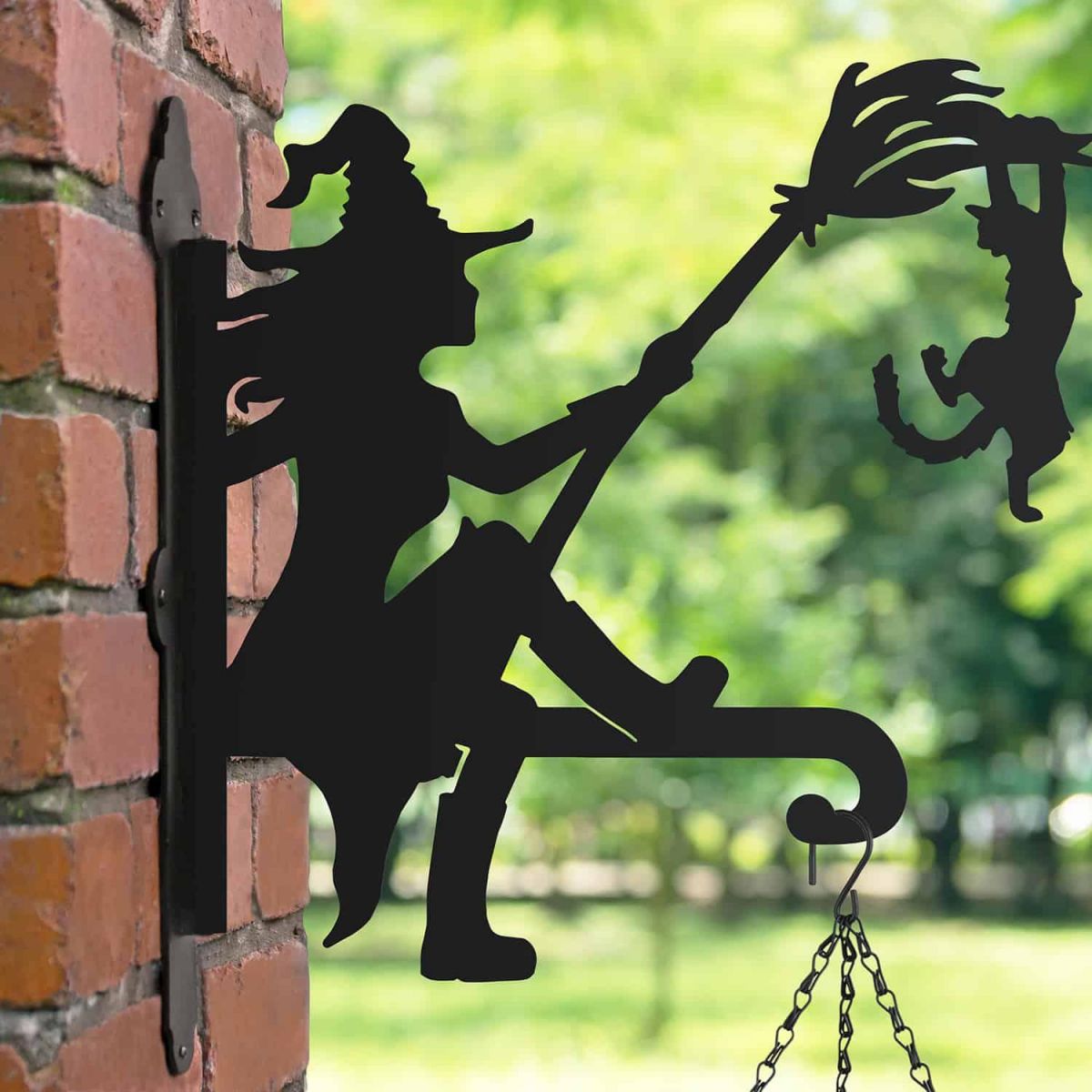 Steel Hanging Basket Bracket with Witch with Cat Topper