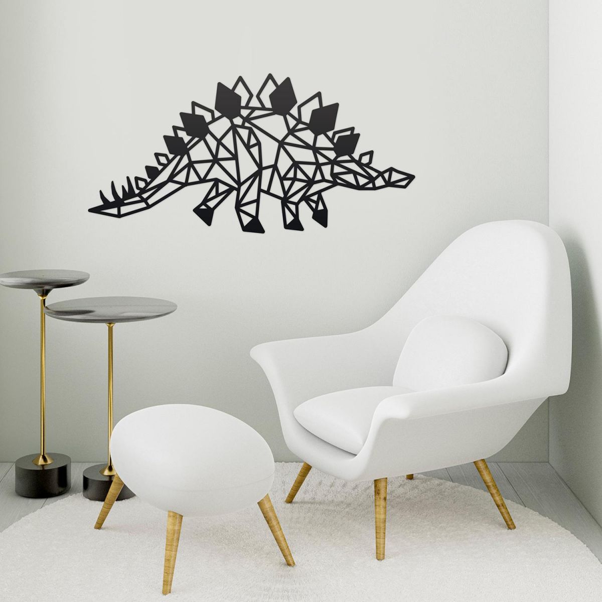 Geometric Iron Stegosaurus Wall Art in a Sitting Room 