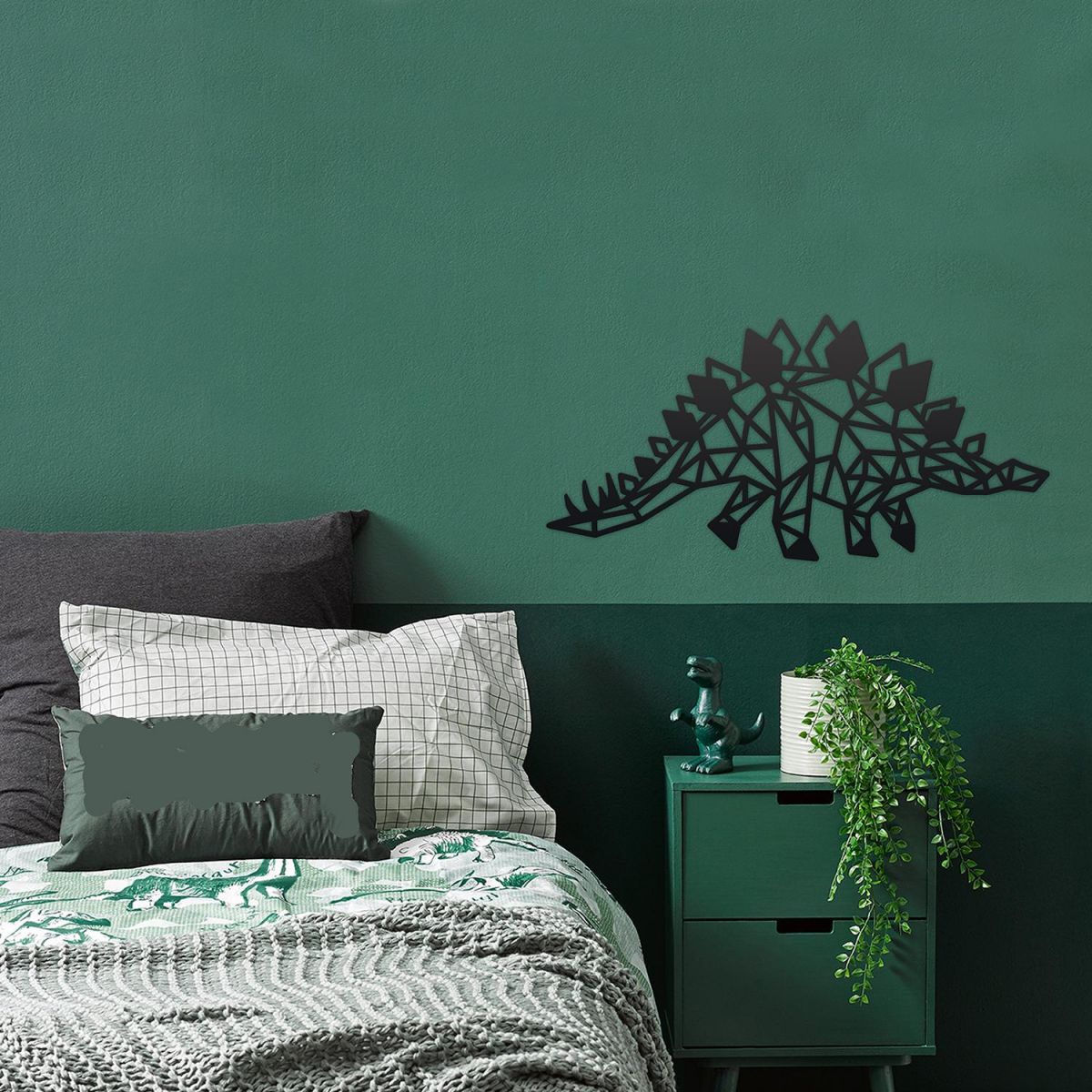 Geometric Iron Stegosaurus Wall Art in Situ in a Bedroom Geometric Iron Stegosaurus Wall Art in Situ in a Bedroom