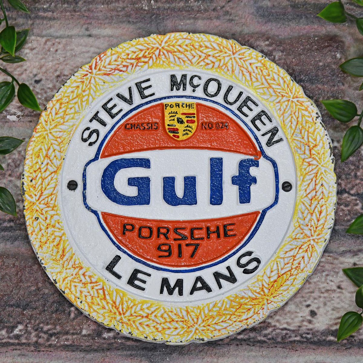 Steve McQueen "Gulf" Cast Automobilia Reproduction Sign in Situ on Brick Wall