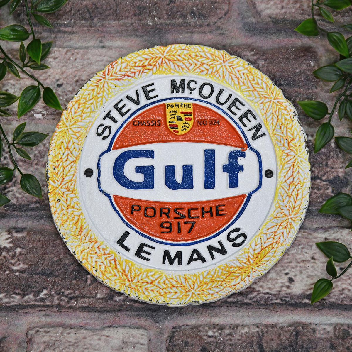 Steve McQueen "Gulf" Cast Automobilia Reproduction Sign in Situ Outdoors