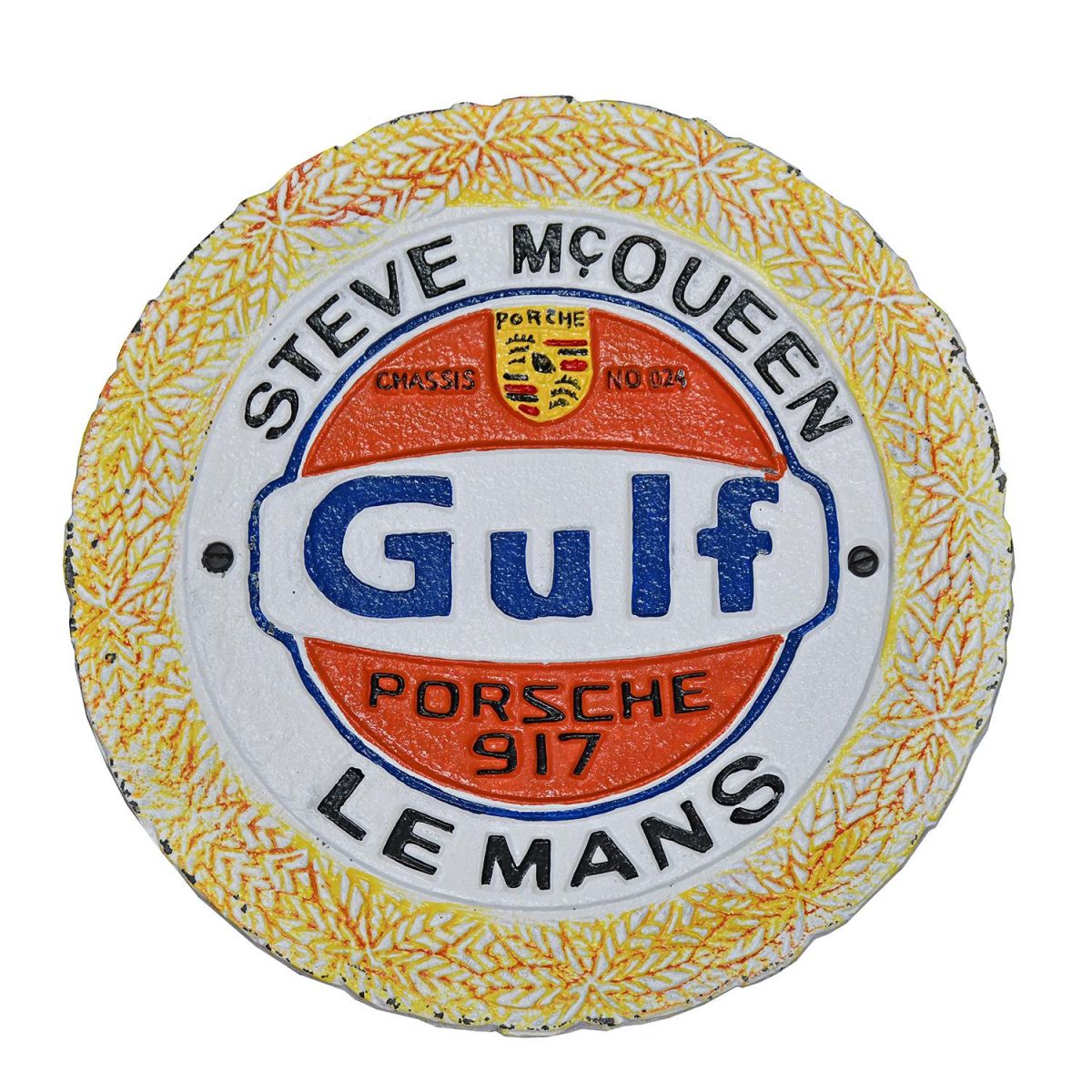 Steve McQueen "Gulf" Cast Automobilia Reproduction Sign Finished in a Hand Pained Finish