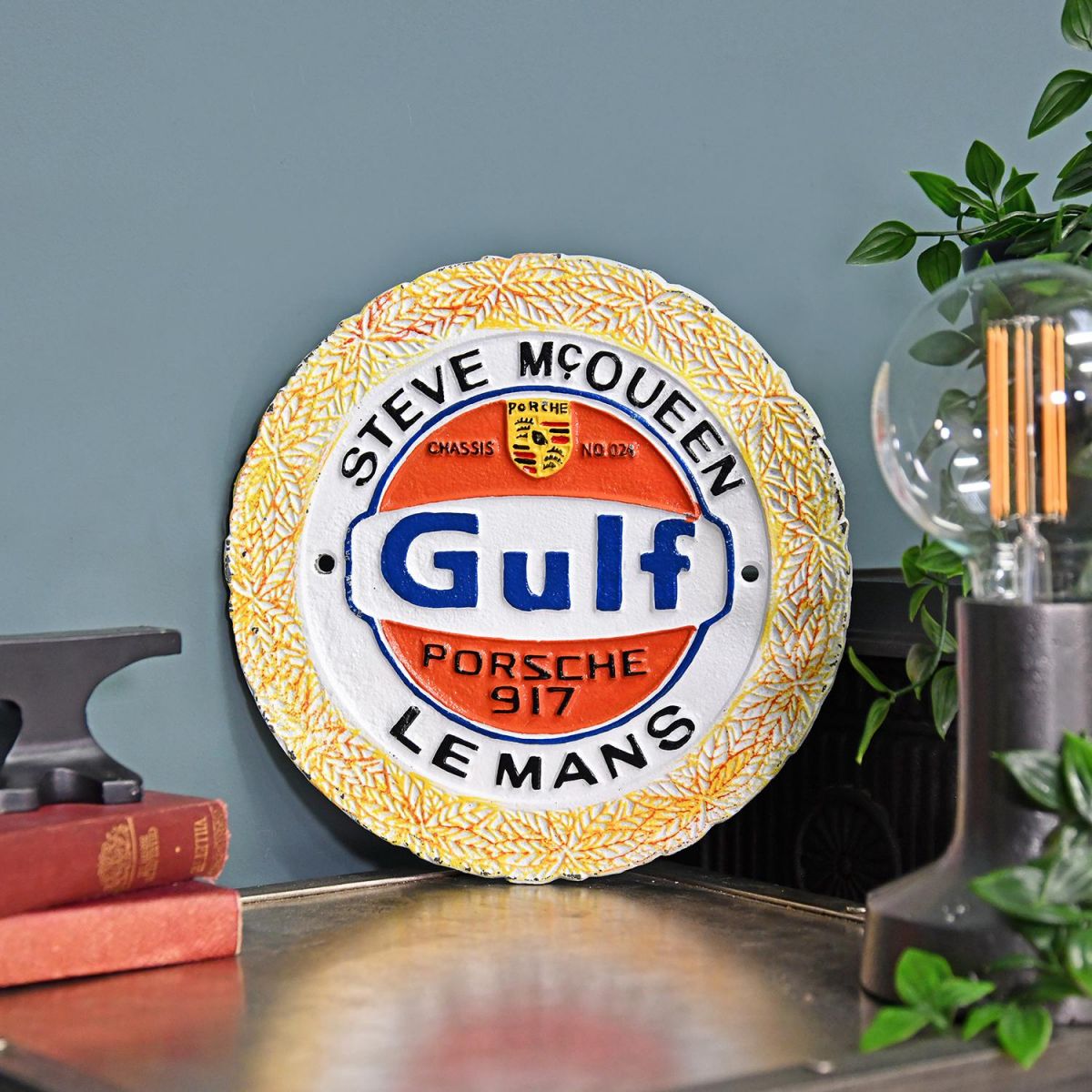 Steve McQueen "Gulf" Cast Automobilia Reproduction Sign in Situ