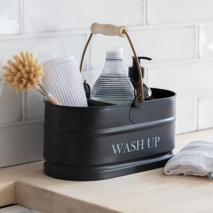 Black Wash Up Storage Tidy with Wooden Handle