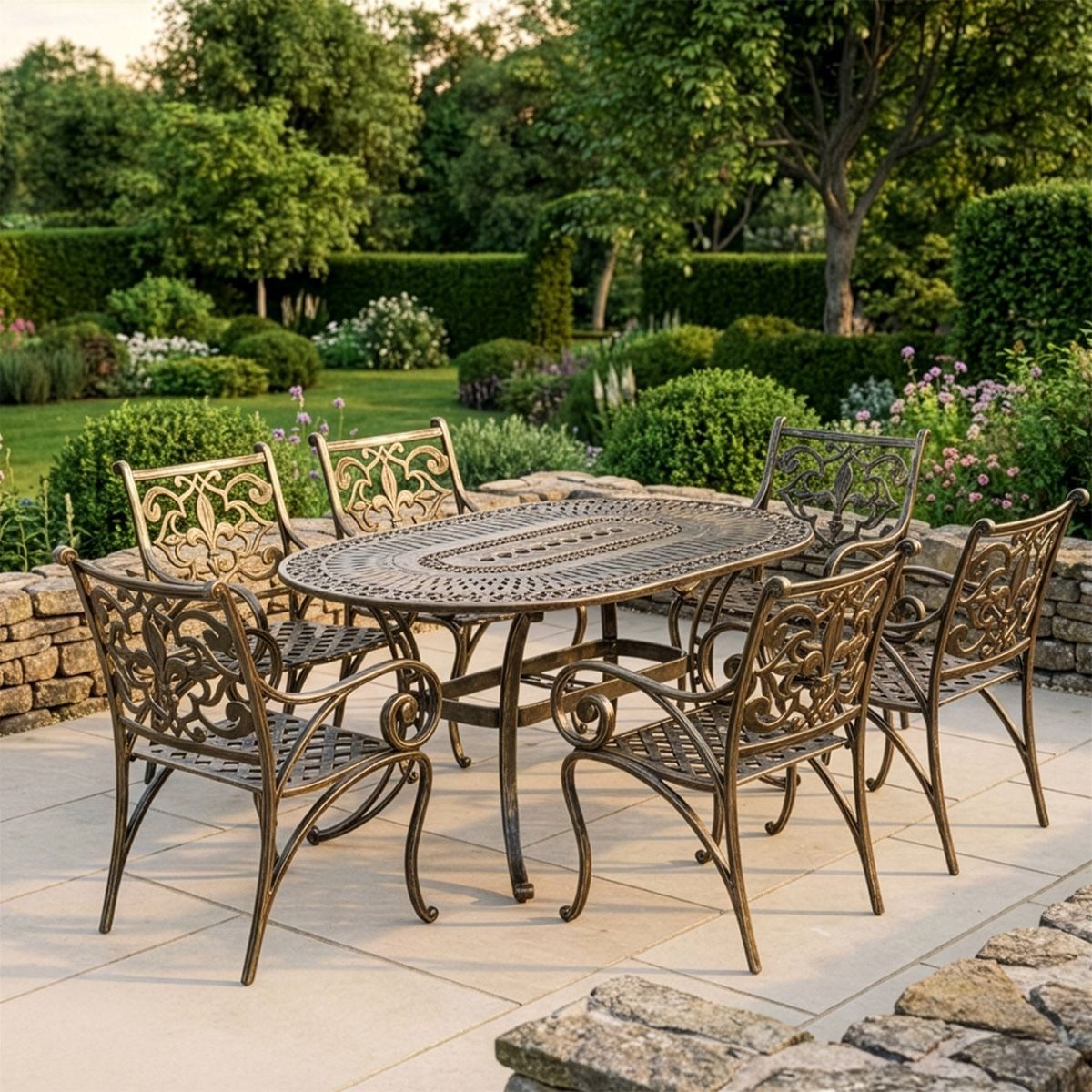 Stunning Cast Aluminium Six-Seater Fleur-de-Lys Oval Garden Table & Chair Set