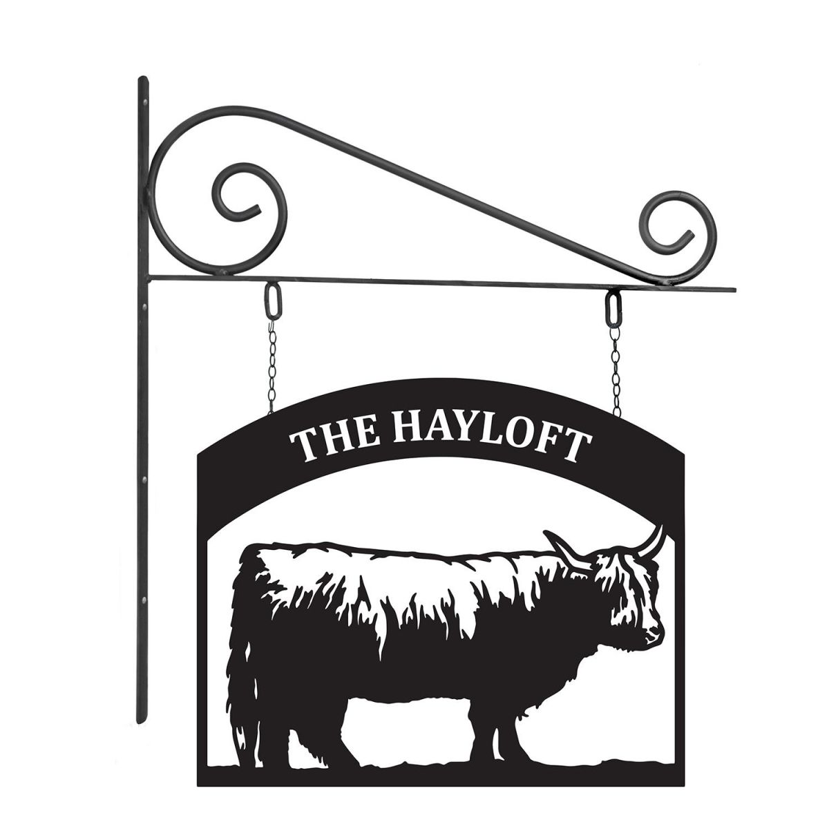 Close-Up of Stunning Steel Highland Cow Hanging House Name Sign