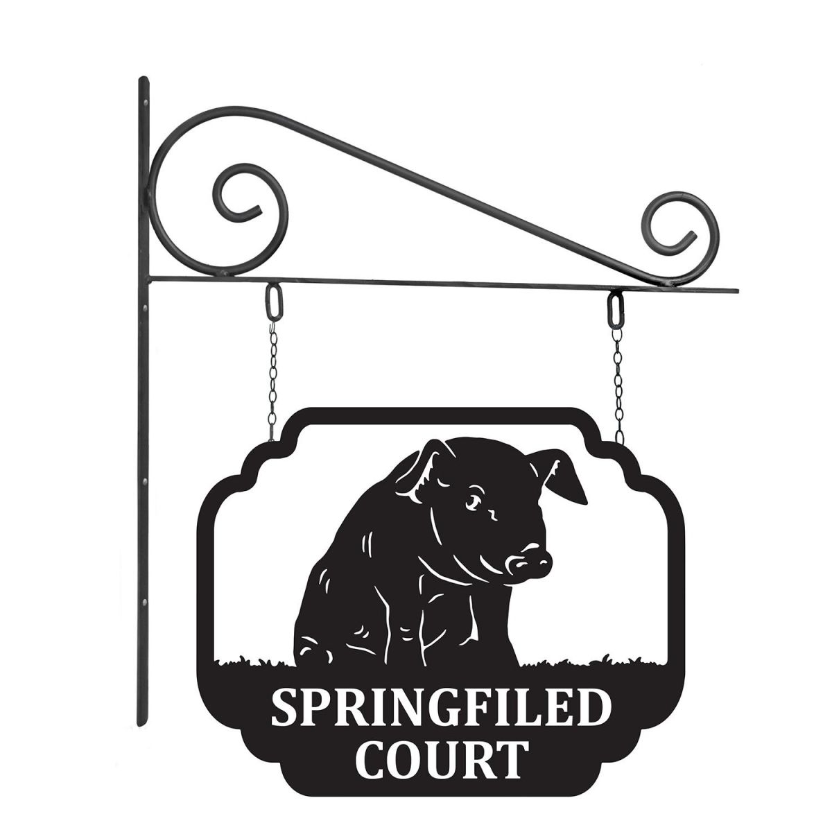 Close-Up of Stunning Steel Sitting Pig Hanging House Name Sign