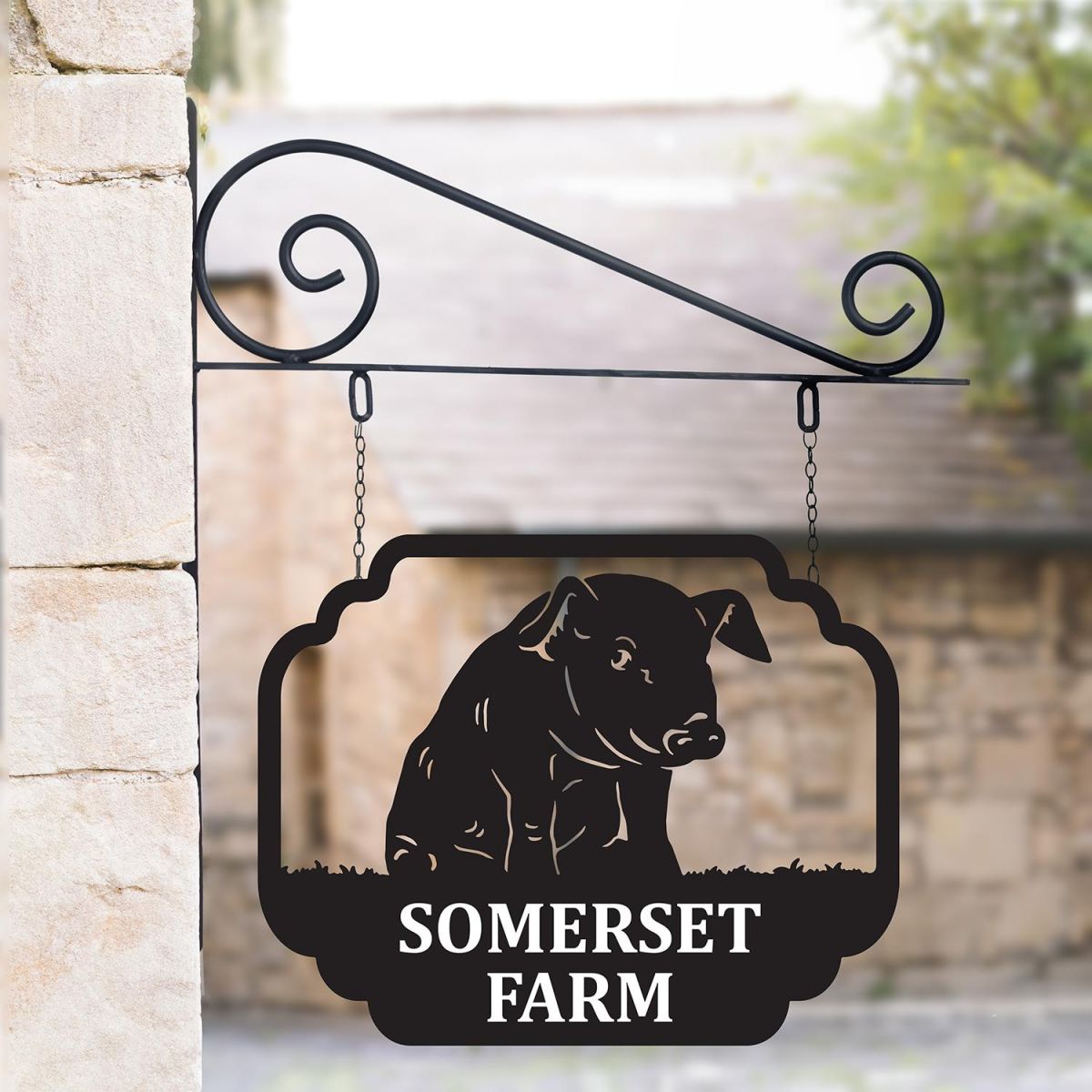 Stunning Steel Hanging House Name Sign with Sitting Pig Design