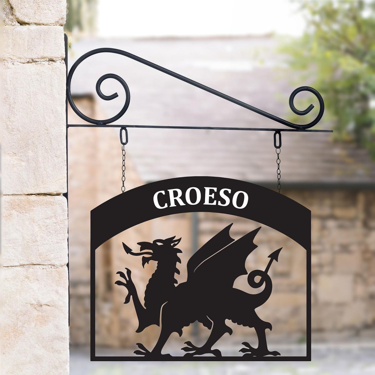 Stunning Steel Hanging House Name Sign with Welsh Dragon 