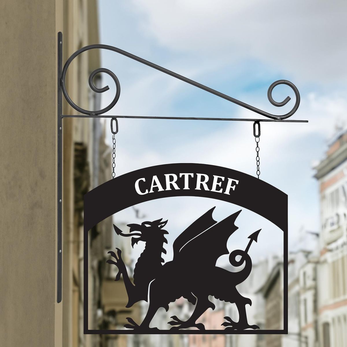 Stunning Steel Welsh Dragon Hanging House Name Sign in Situ