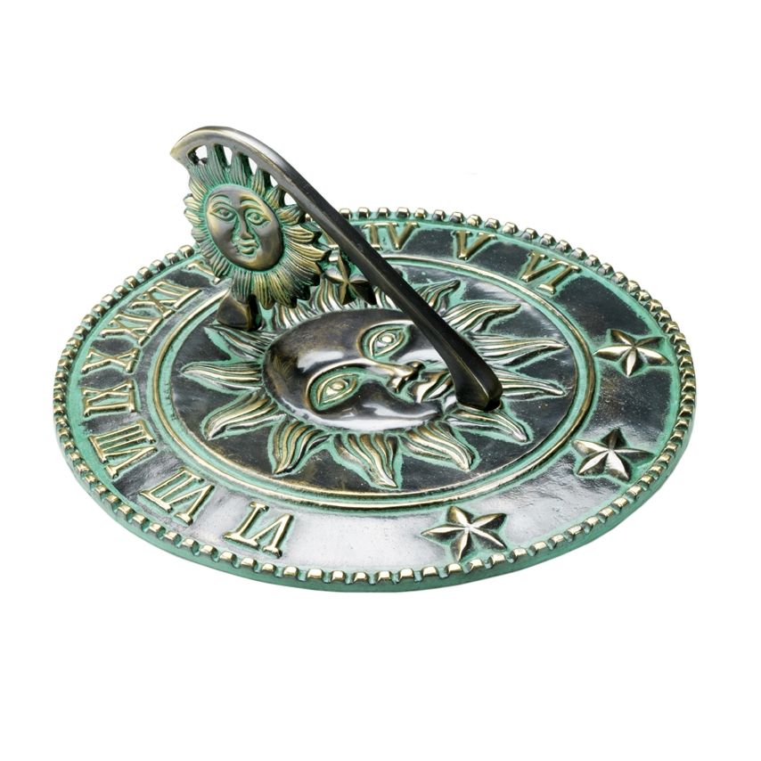 Verdigris garden sundial with sun face