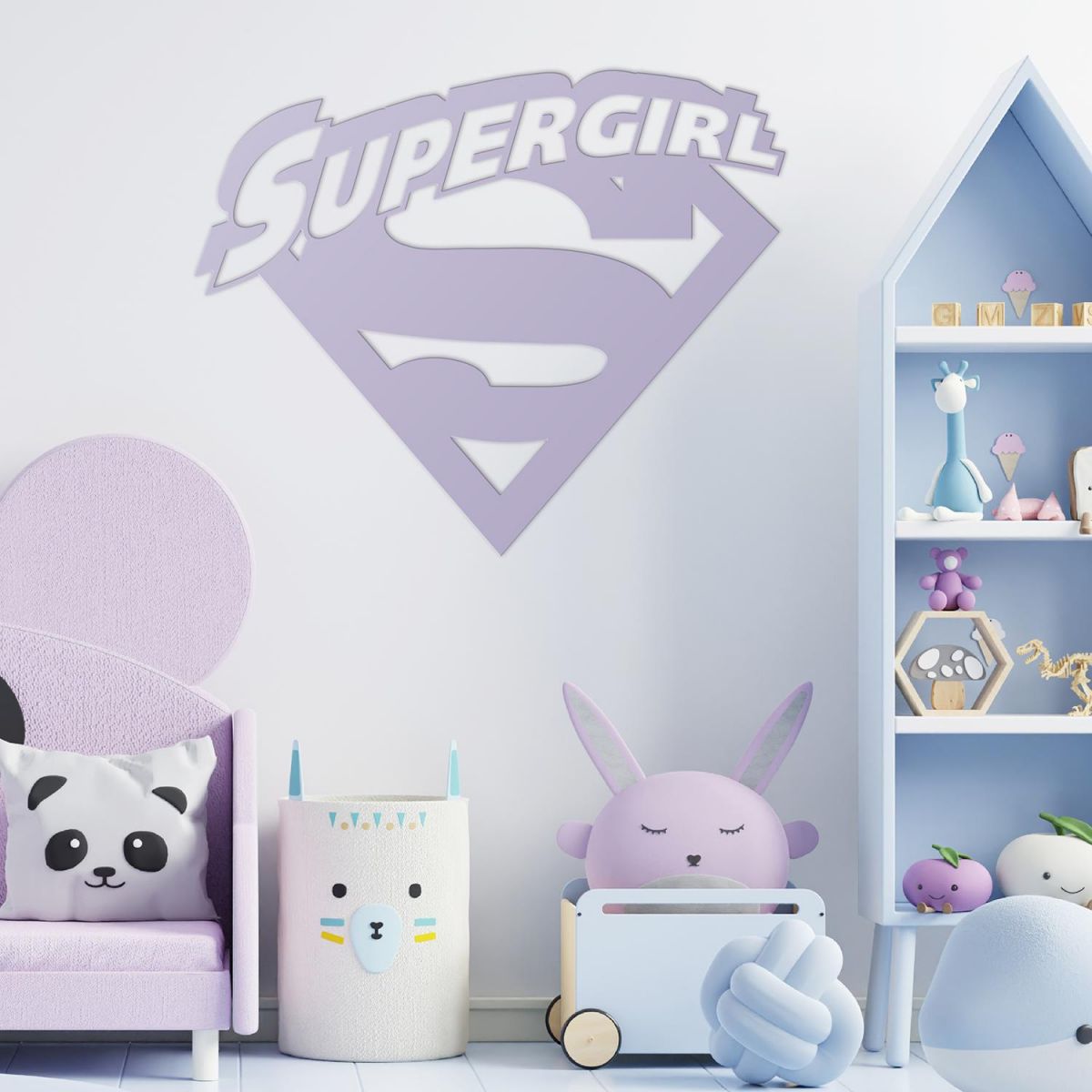 "Supergirl" Wall Art in a Children"s Play Room Next to Toys "Supergirl" Wall Art in a Children"s Play Room Next to Toys