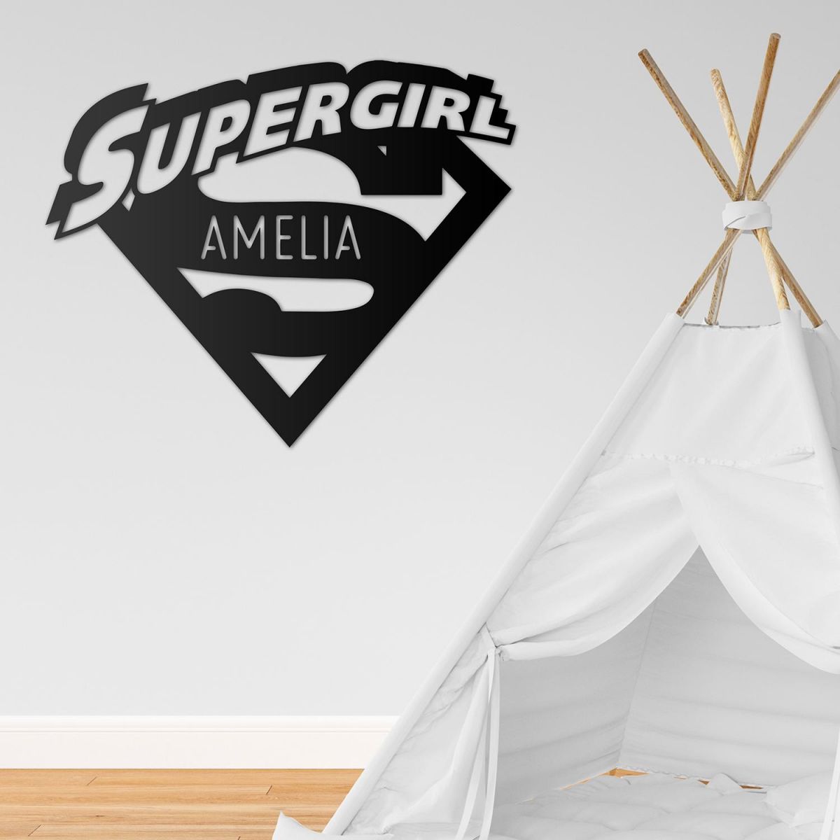 "Supergirl" Personalised Wall Art in a Children"s Play Room "Supergirl" Personalised Wall Art in a Children"s Play Room