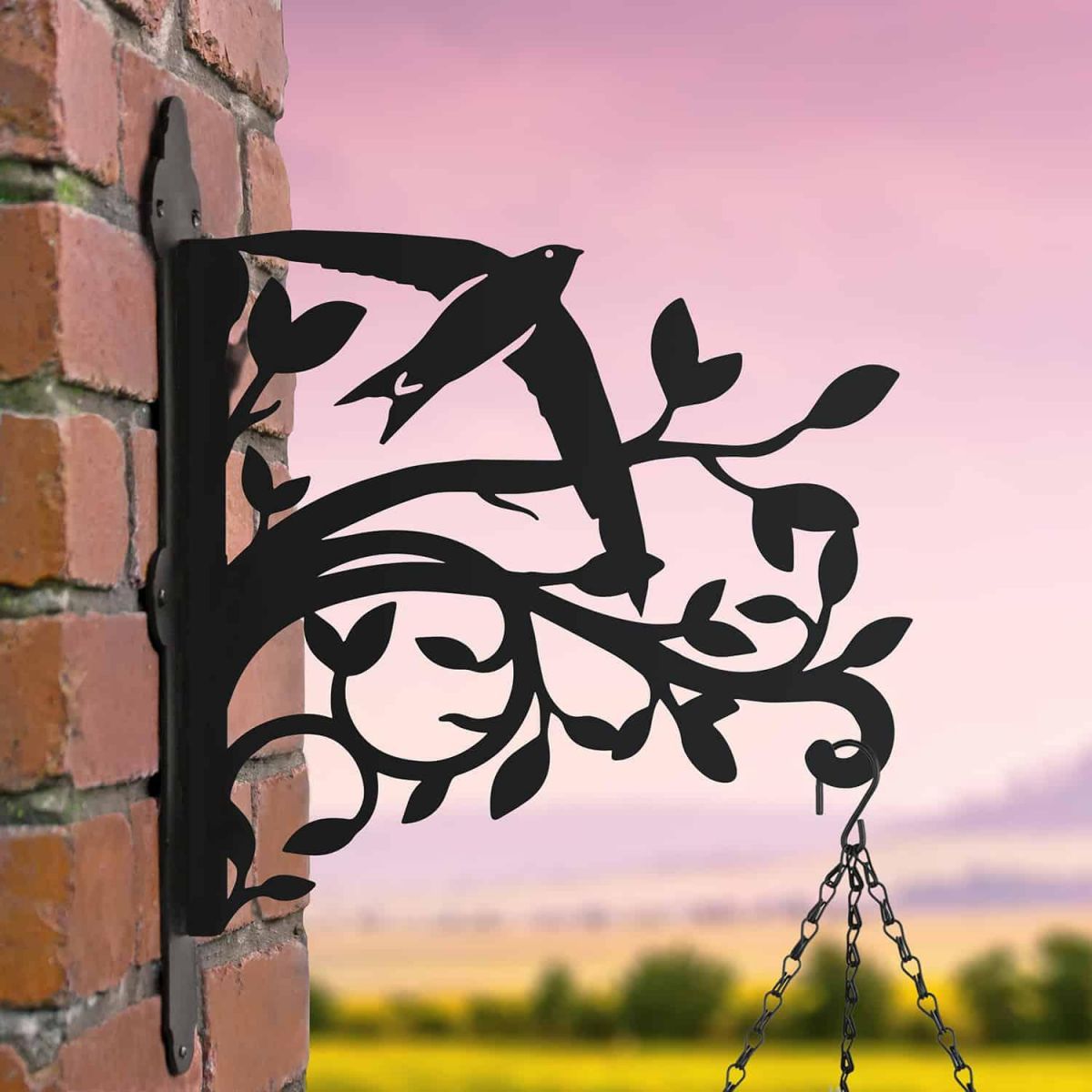 Steel Hanging Basket Bracket with Swift on Branches Topper