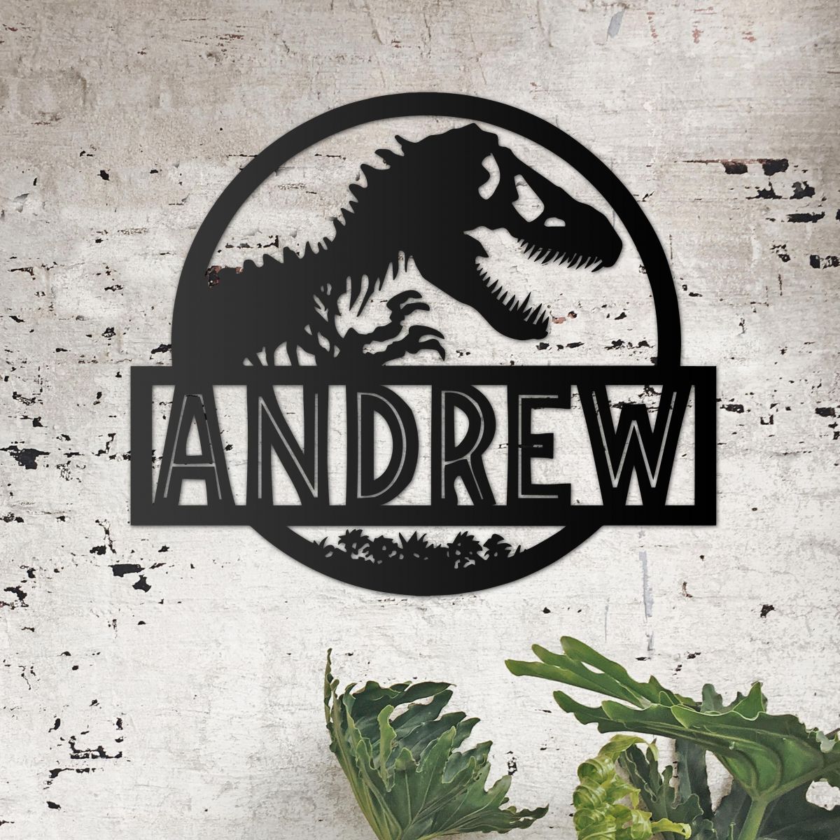 T-Rex Steel Monogram Steel House Name Sign on Situ on a Stone Wall