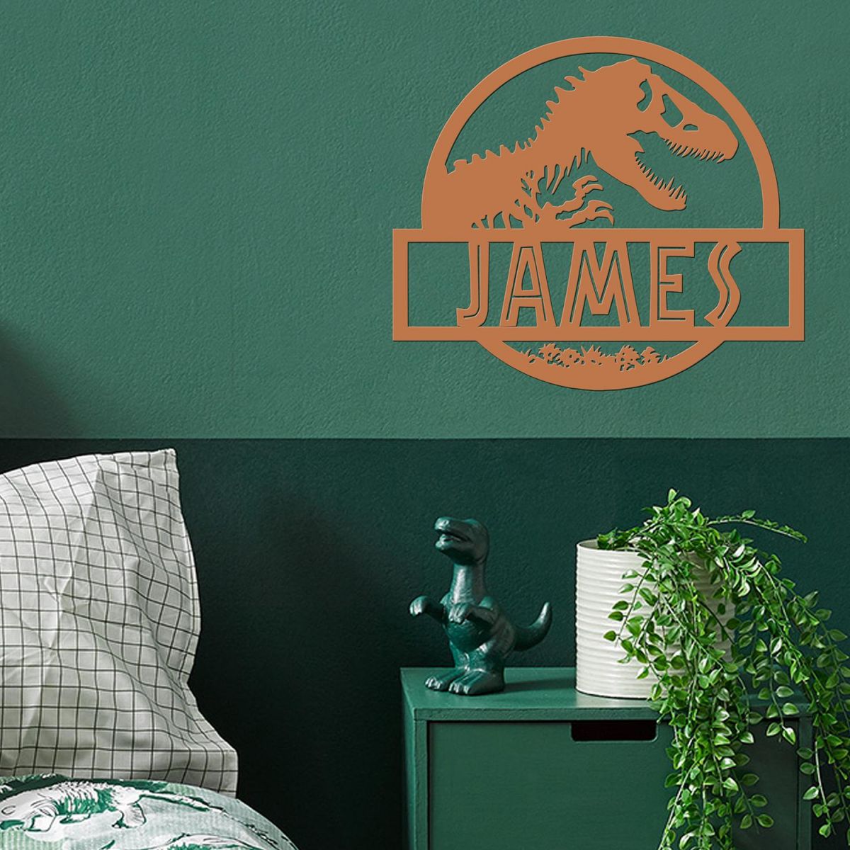 T-Rex Steel Monogram Steel House Name Sign in Situ on a Green Wall