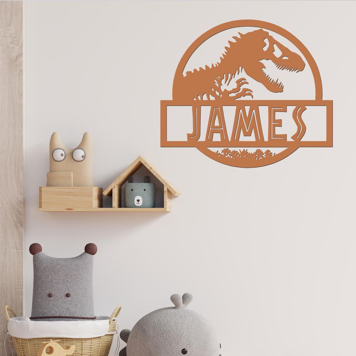 T-Rex Steel Monogram Name Sign Being Used as Wall Art Inside the Home