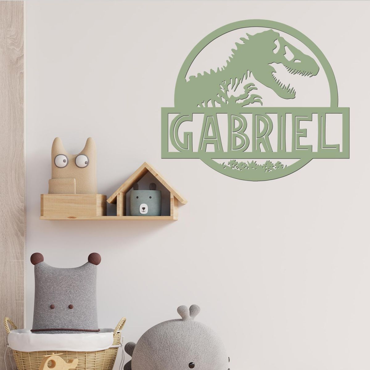 T-Rex Steel Monogram Name Sign Being Used as Wall Art Inside the Home