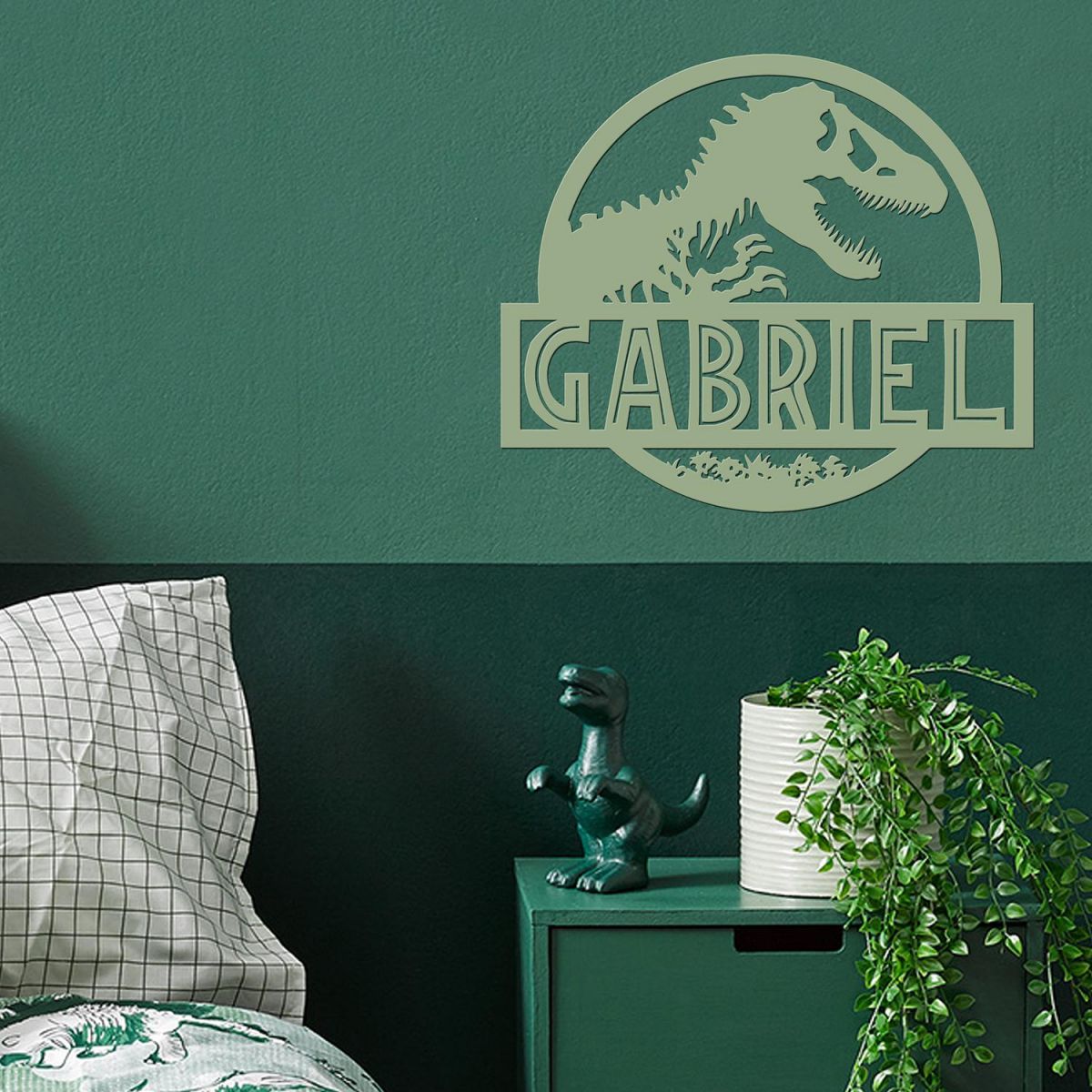 T-Rex Steel Monogram Steel House Name Sign in Situ on a Green Wall