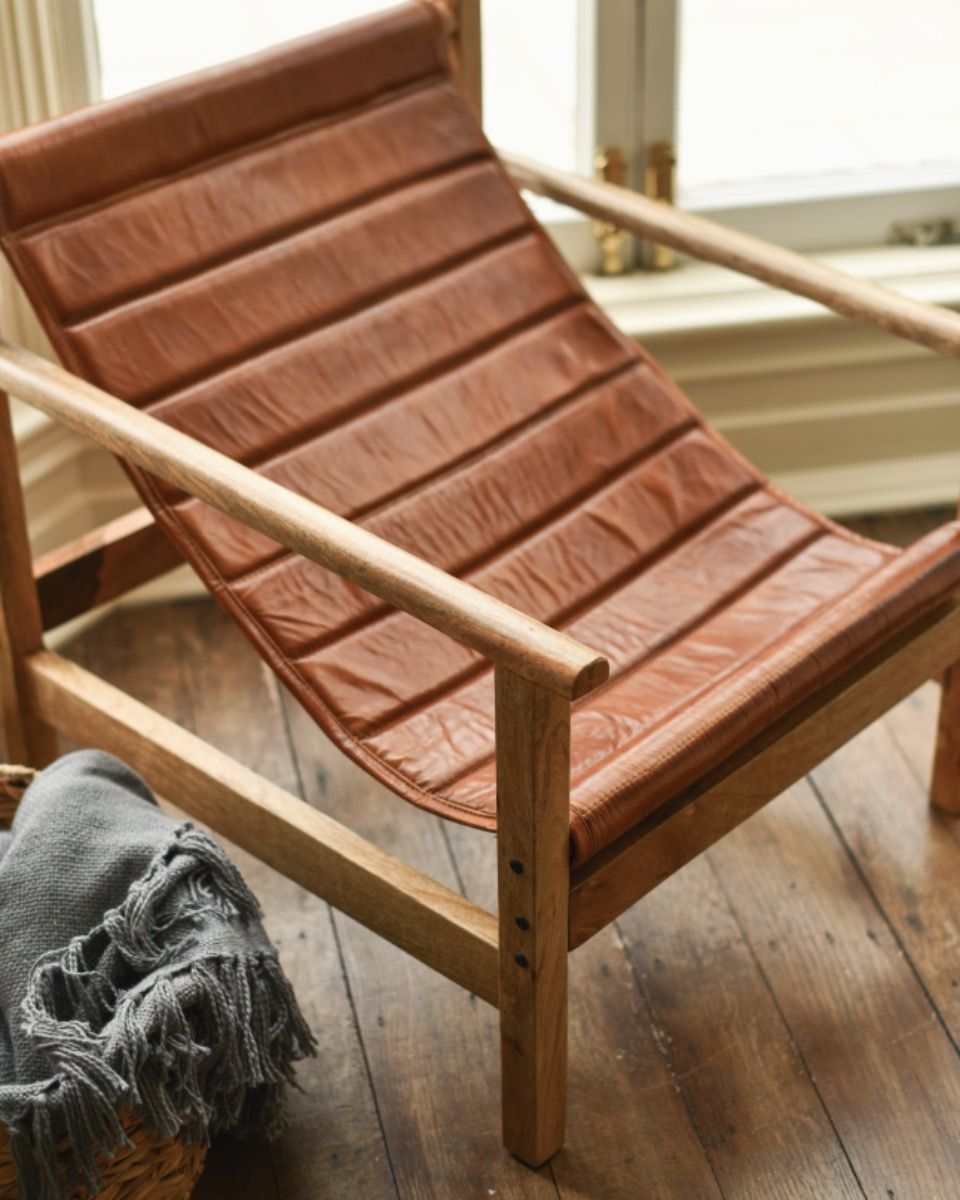 The "Barford" Mango Wood & Tan Leather Relax Chair Close-Up