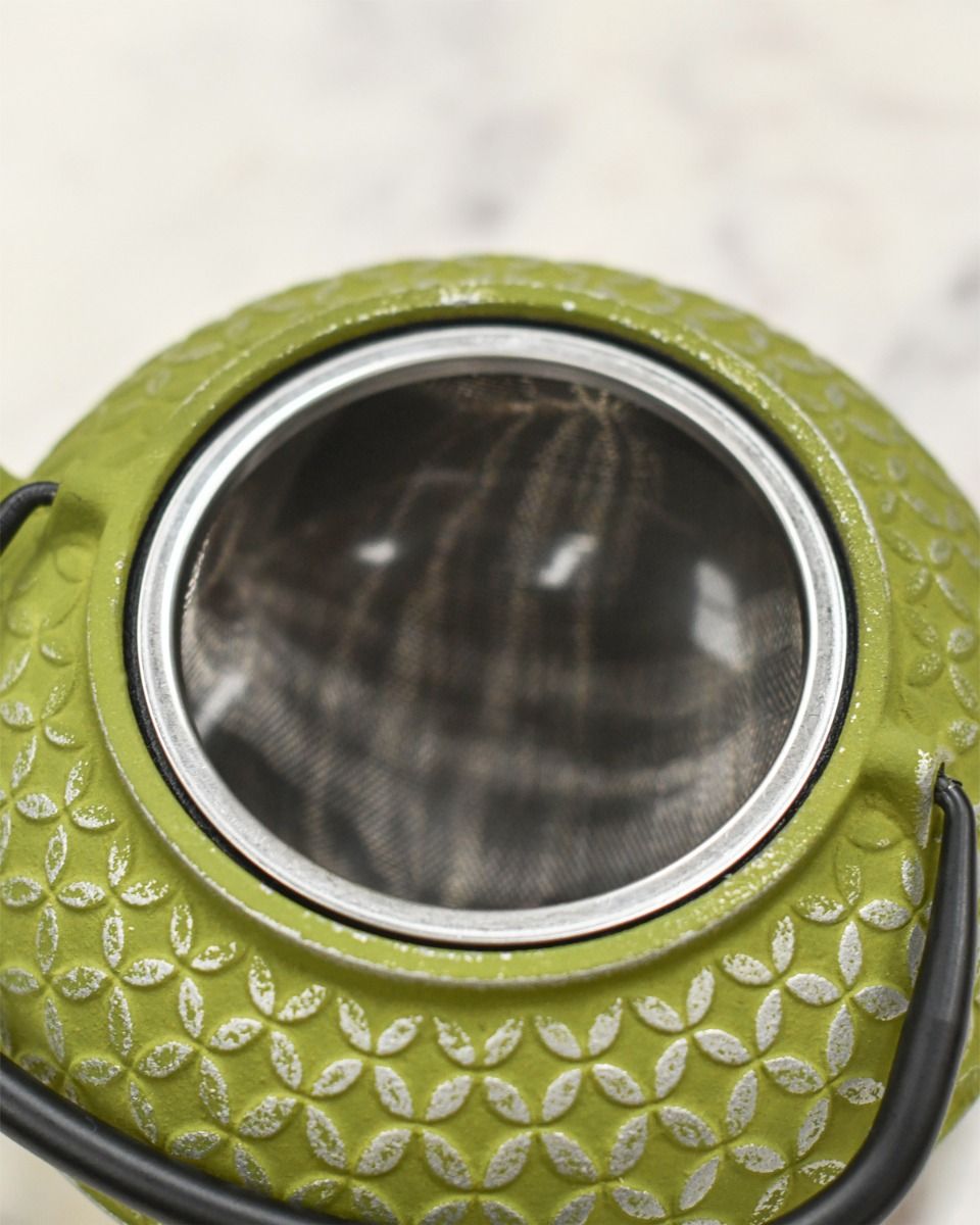 Close up of Metal Tea Infuser In Cast Iron Teapot 