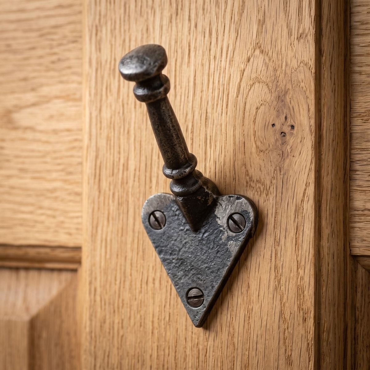 The Craftsman Minimalist Cast Iron Hook - 100mm Shown Mounted on a Timber Door - Digital Illustration