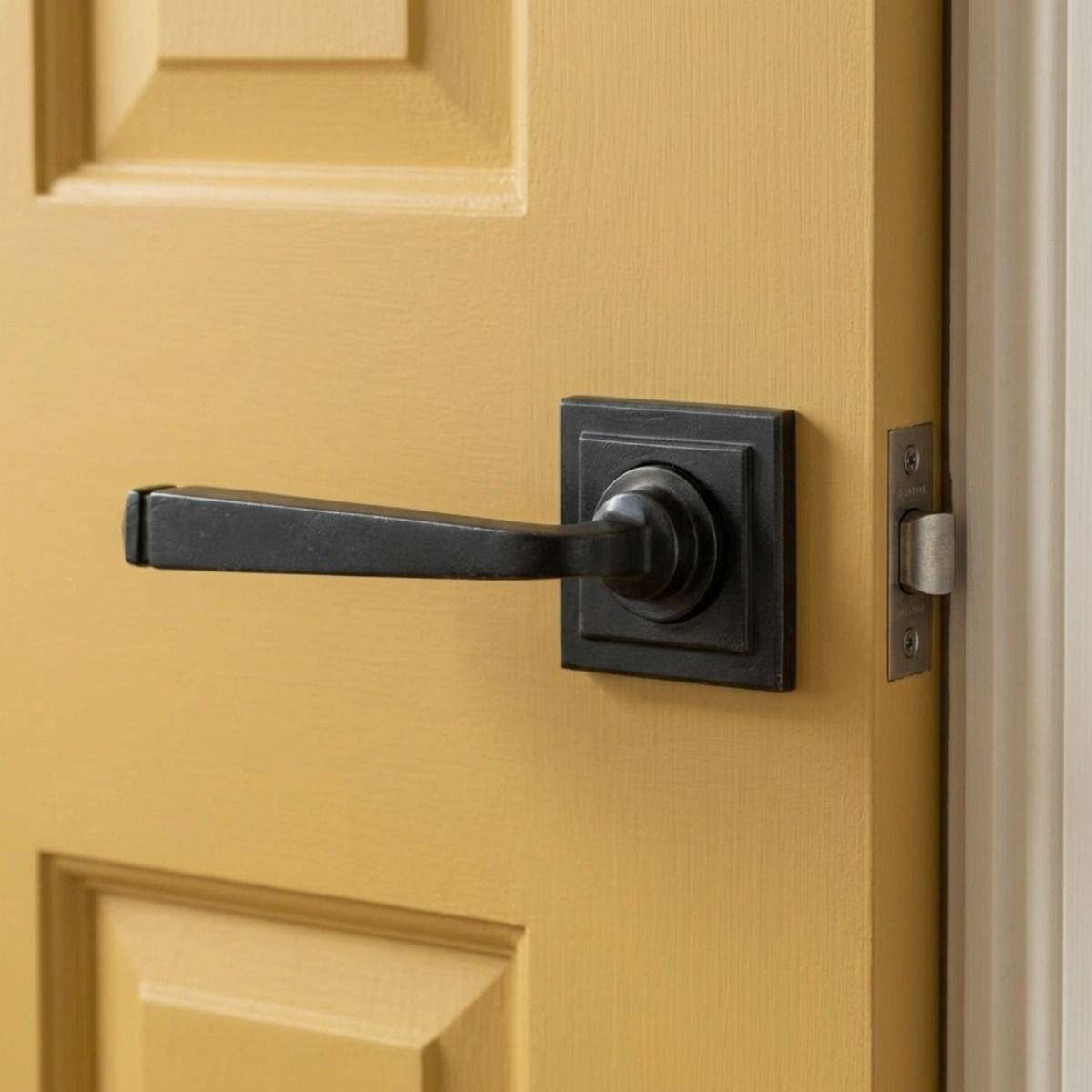 The Dickinson House Beeswax Unsprung Lever Door Handle on Square Rose on a Bright Yellow Door in a Modern Home Interior - Digital Illustration