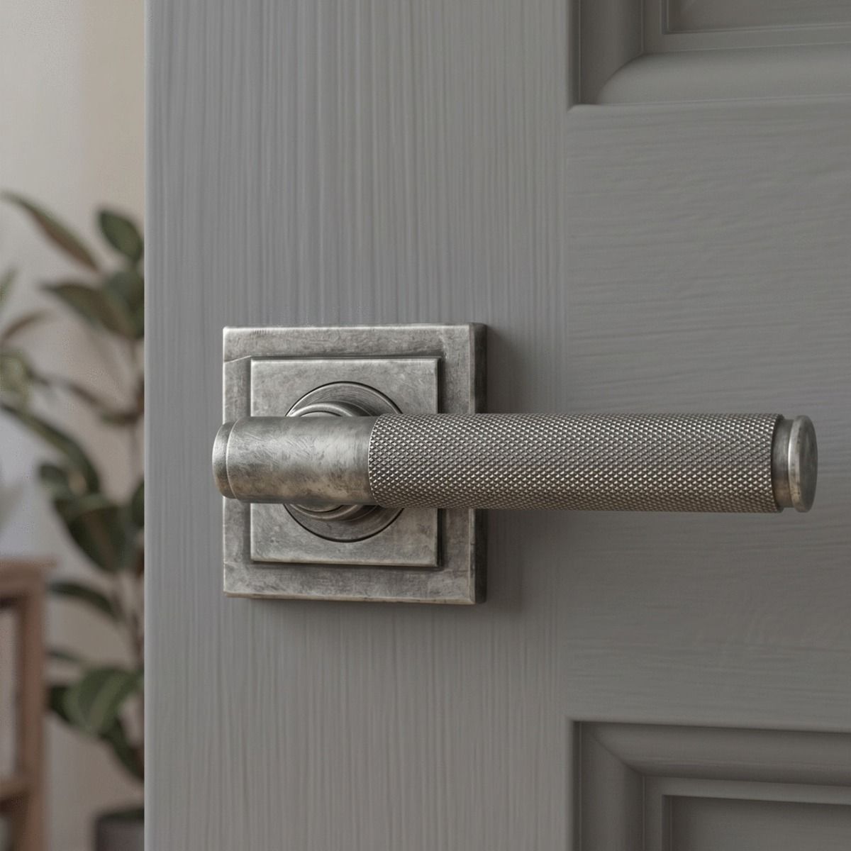 The Edmond Gardens Pewter Textured Lever Door Handle on Square Rose in a Modern Interior Setting on a Grey Door - Digital Illustration