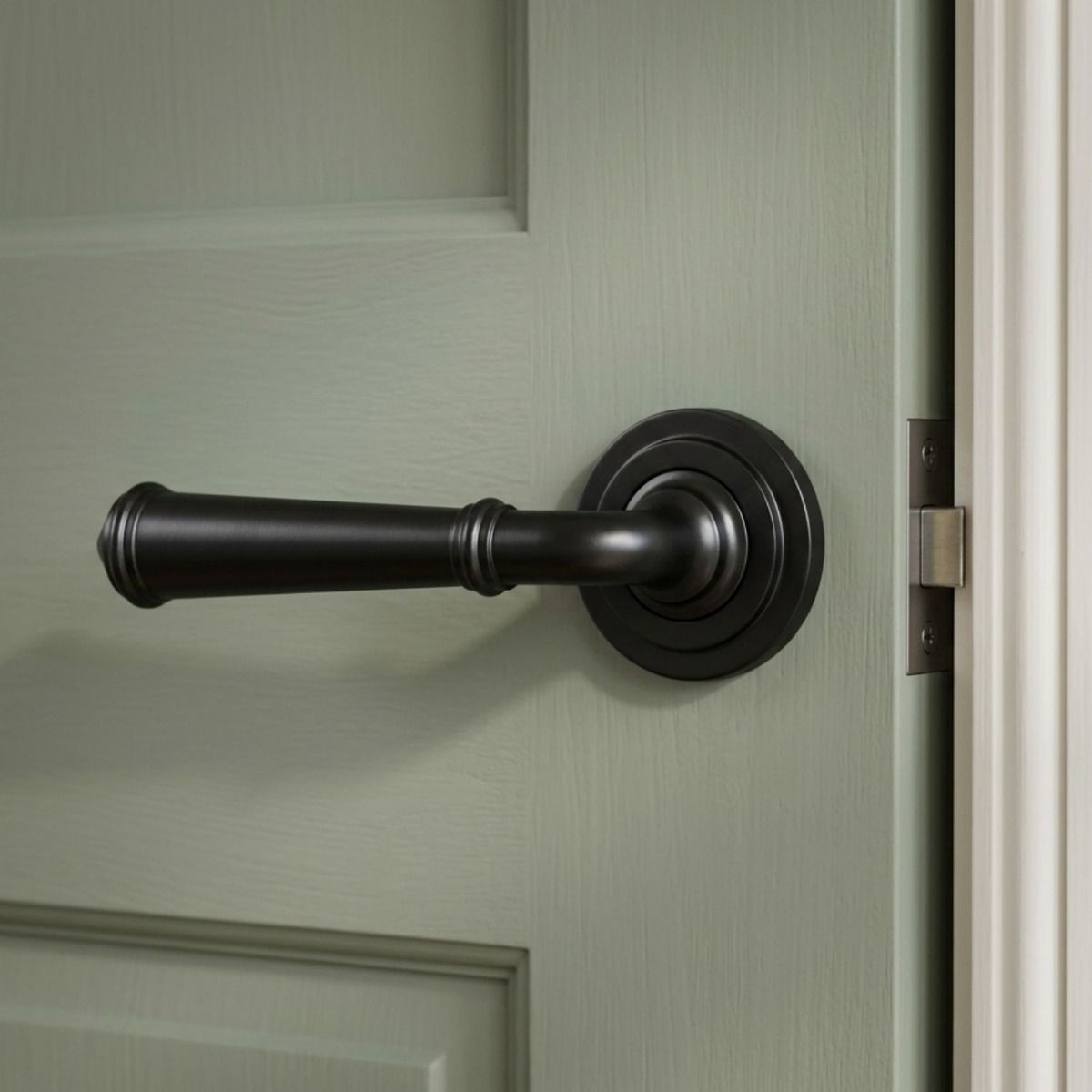 The Fulton Manor Beeswax Unsprung Lever Door Handle on Art Deco Rose Shown at an Angle on a sage Green Door - Digital Illustration