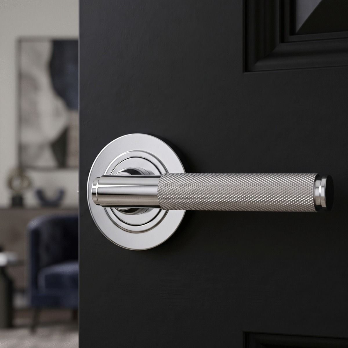 The Knurled Sprung Handle Set on a Round Rose in Polished Stainless Steel on a Black Door in a Modern Home Interior Setting - Digital Illustration