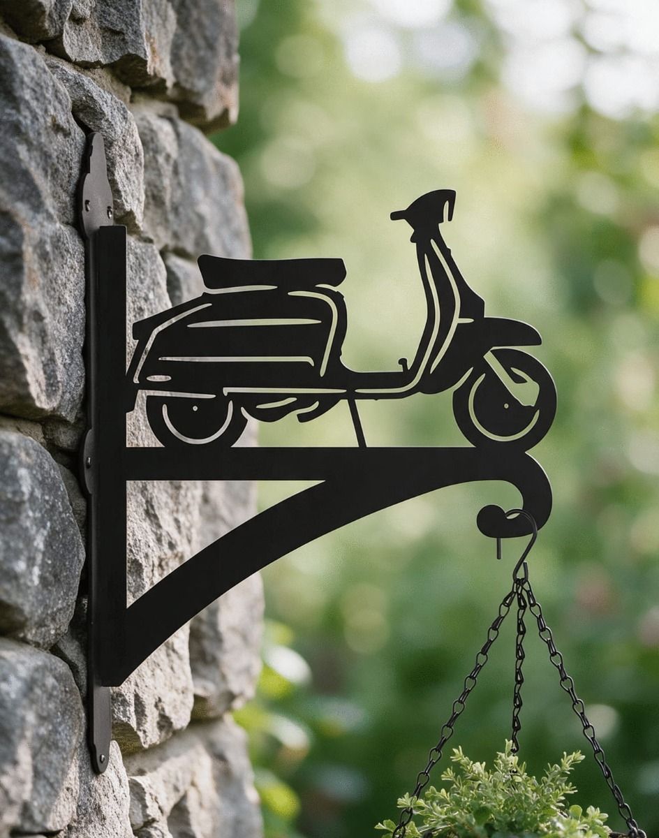 The Lambretta Scooter Hanging Basket Bracket Fitted to a Brick Wall on a Country Cottage - Digital Illustration