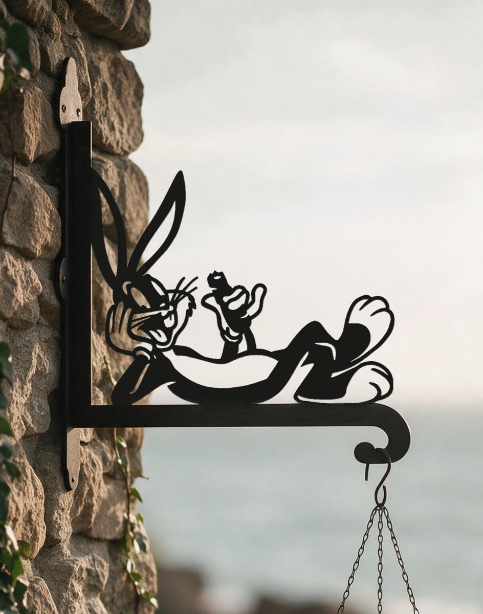The Steel Cartoon Rabbit with Carrot Hanging Basket Bracket on a Sunny Coastal Cottage Wall - Digital Illustration