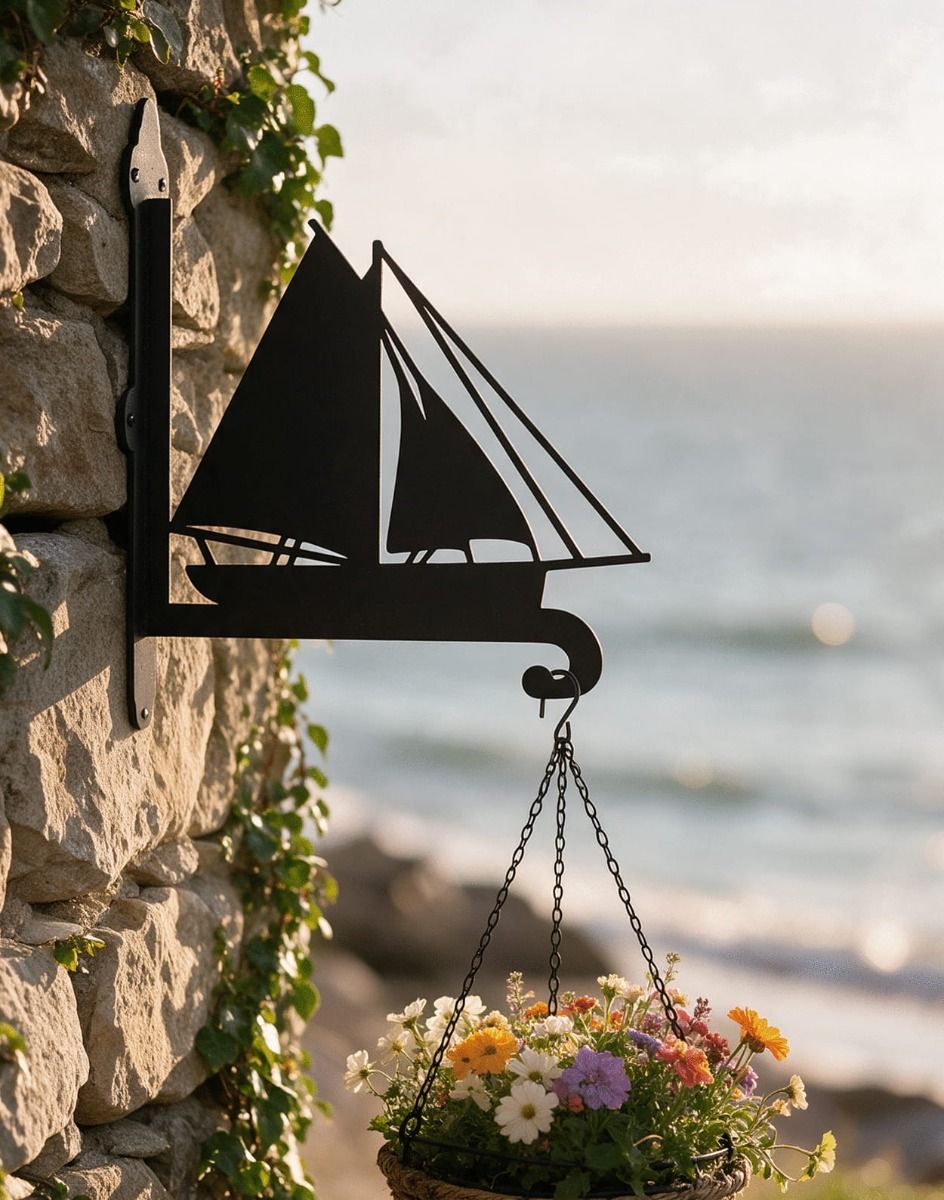 The Steel Cutter Ship Hanging Basket Bracket (2) on the Side of a Seaside Cottage - Digital Illustration