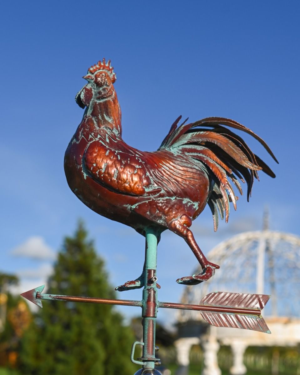 The Striding Rooster Verdigris Copper Weathervane Shown from the Side in a Heritage Garden