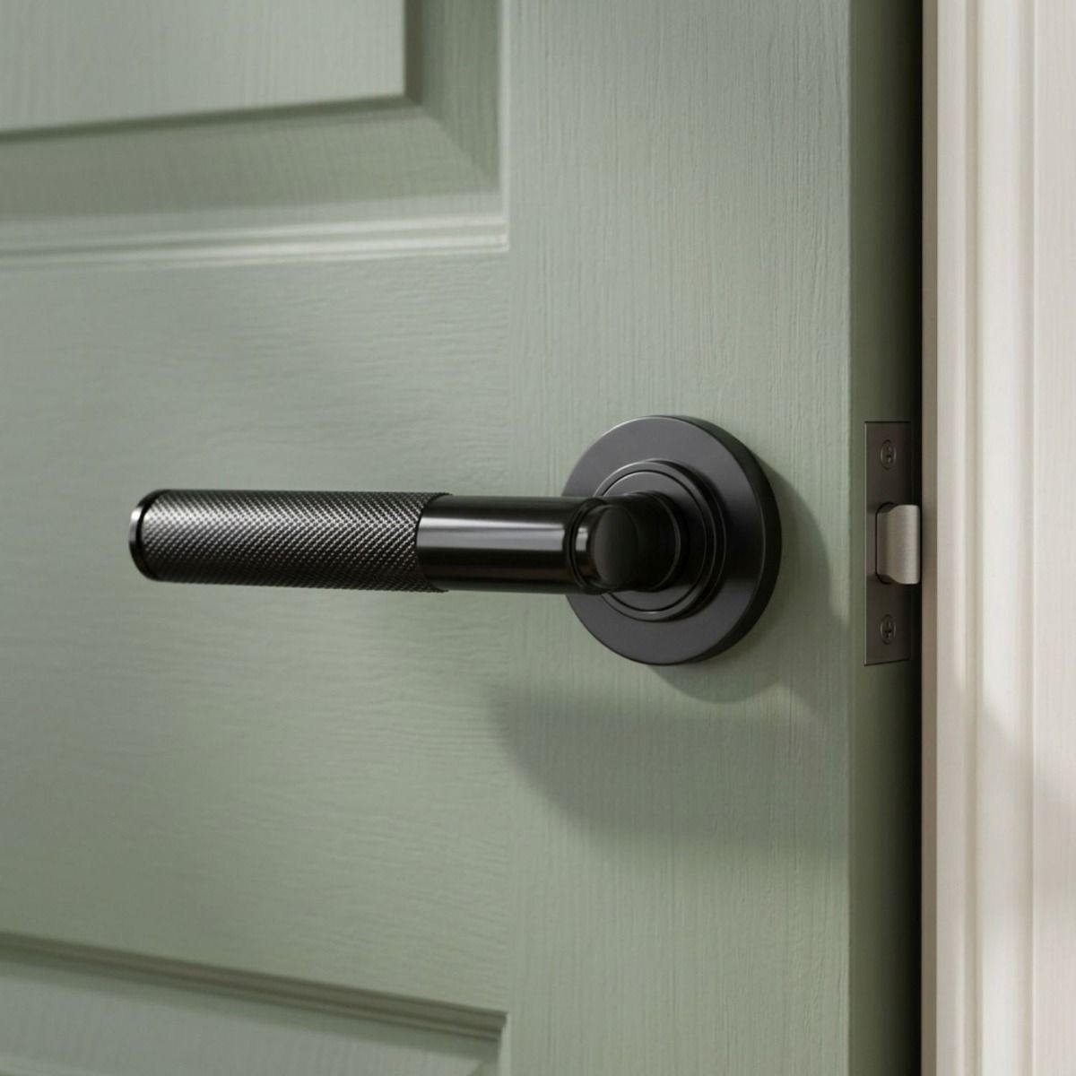 The The Lincoln Sleek Black Textured Unsprung Lever Door Handle on Rose on a Sage Green Door in a Home Interior Setting - Digital Illustration