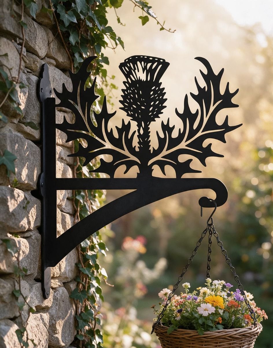 The Thistle Iron Hanging Basket Bracket in the Afternoon Sun on the Side of a Country Cottage - Digital Illustration