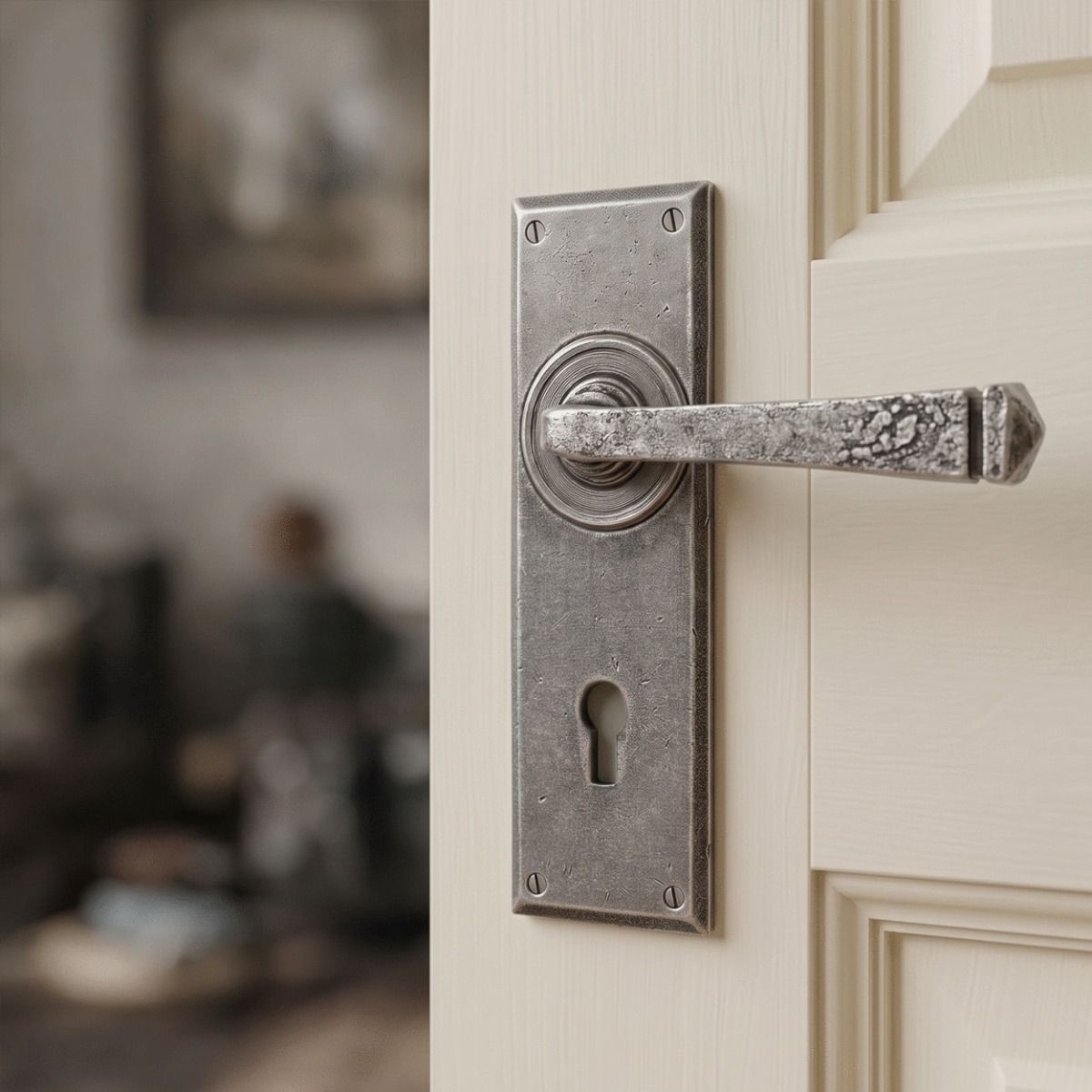 The Thornton Simple Contemporary Pewter Lever Handle With Keyhole on a Cream Door in a Modern Home - Digital Illustration