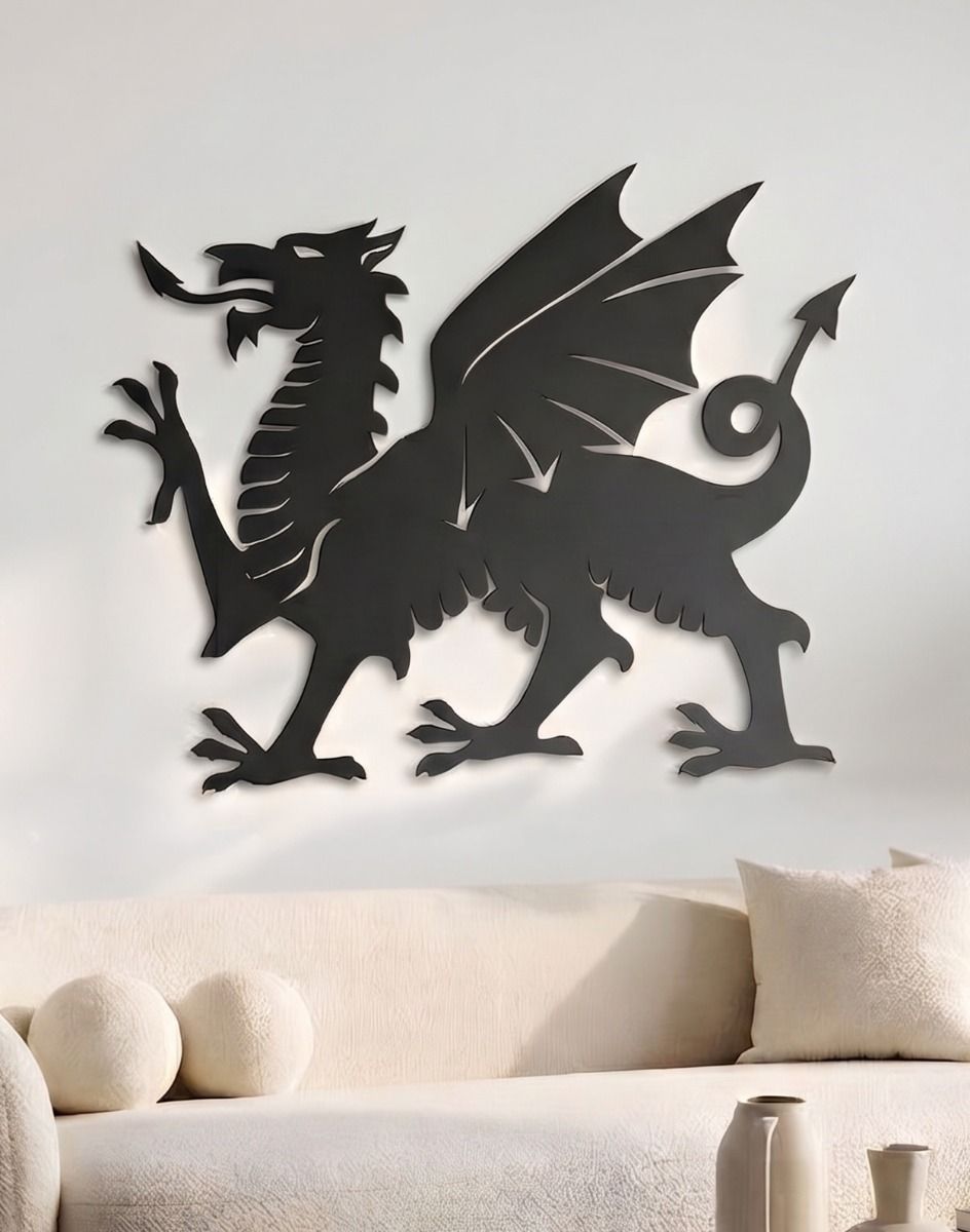 The 100cm Black Welsh Dragon Wall Art Mounted on a White Coloured Living Room Wall - Digital Illustration 