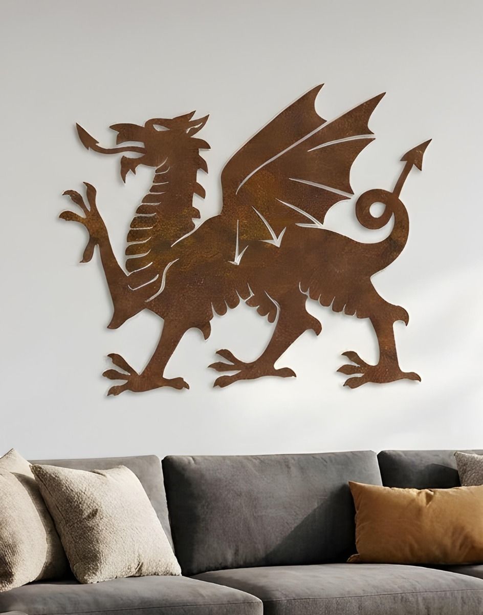 The 100cm Rustic Welsh Dragon Wall Art Mounted on a White Wall Above a Sofa - Digital Illustration 