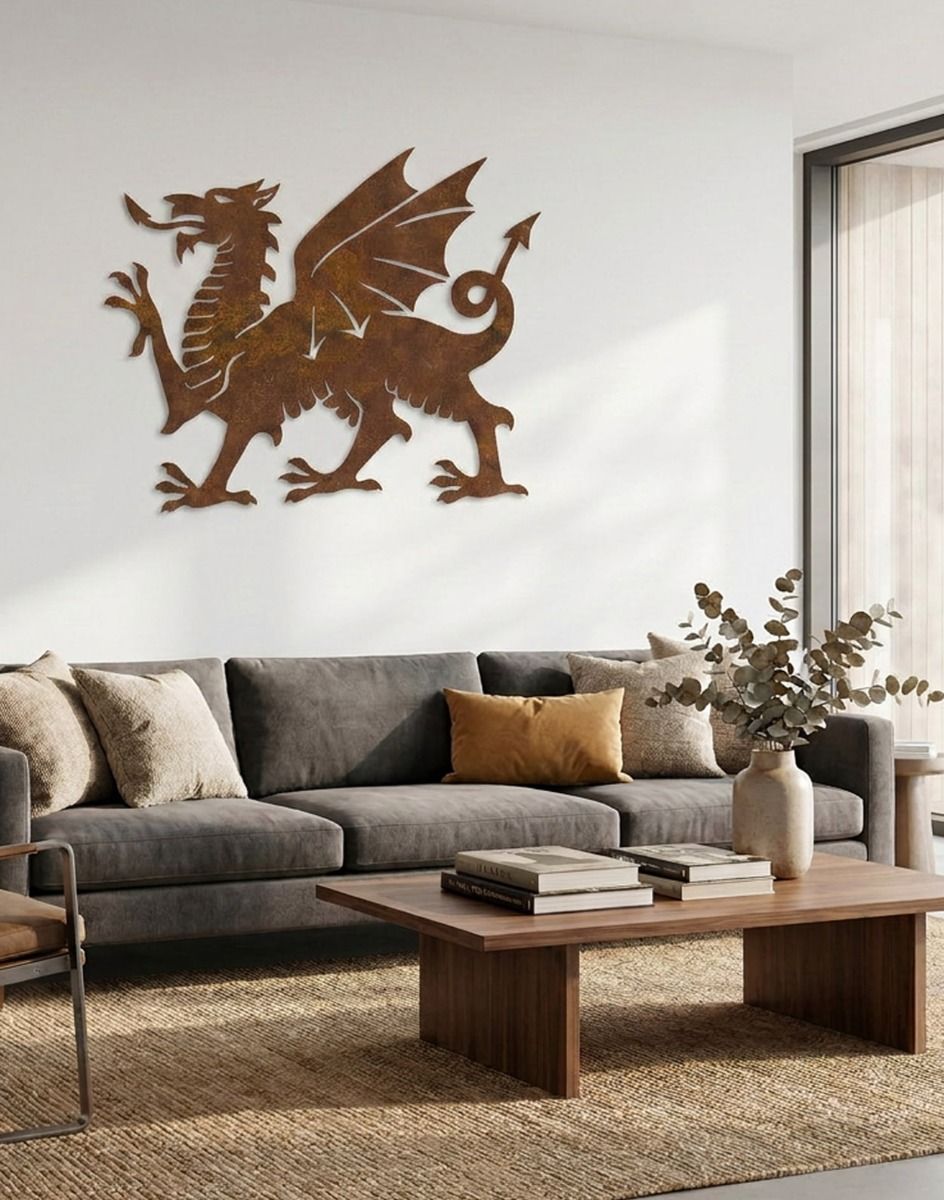 The 100cm Rustic Welsh Dragon Wall Art Mounted on a White Wall Above a Sofa in a Modern Living Room - Digital Illustration