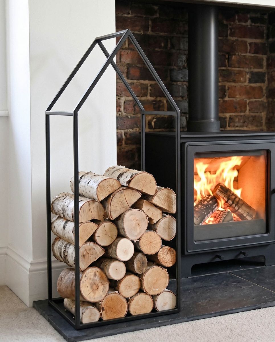 The 100cm Town House Iron Log Rack Next to a Log Burner Stove Fireplace in a Country Home - Digital Illustration