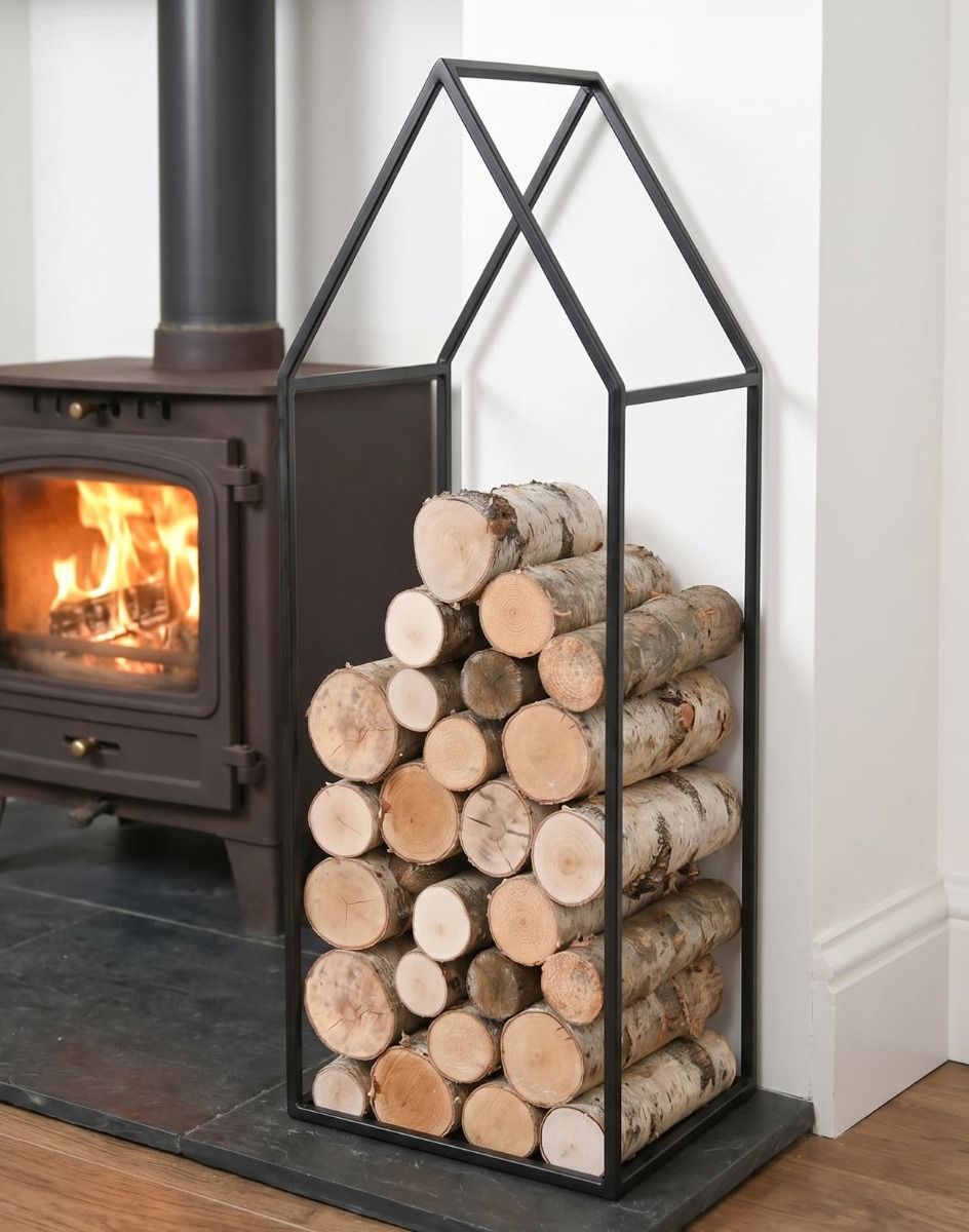 The 100cm Town House Iron Log Rack Next to a Log Burner Stove Fireplace in a Country Home - Digital Illustration